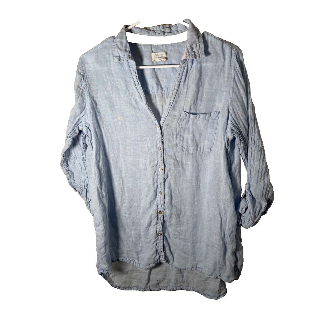 Sigrid Olsen Shirt Women's Medium Blue Button Up 100% Linen Collared Top